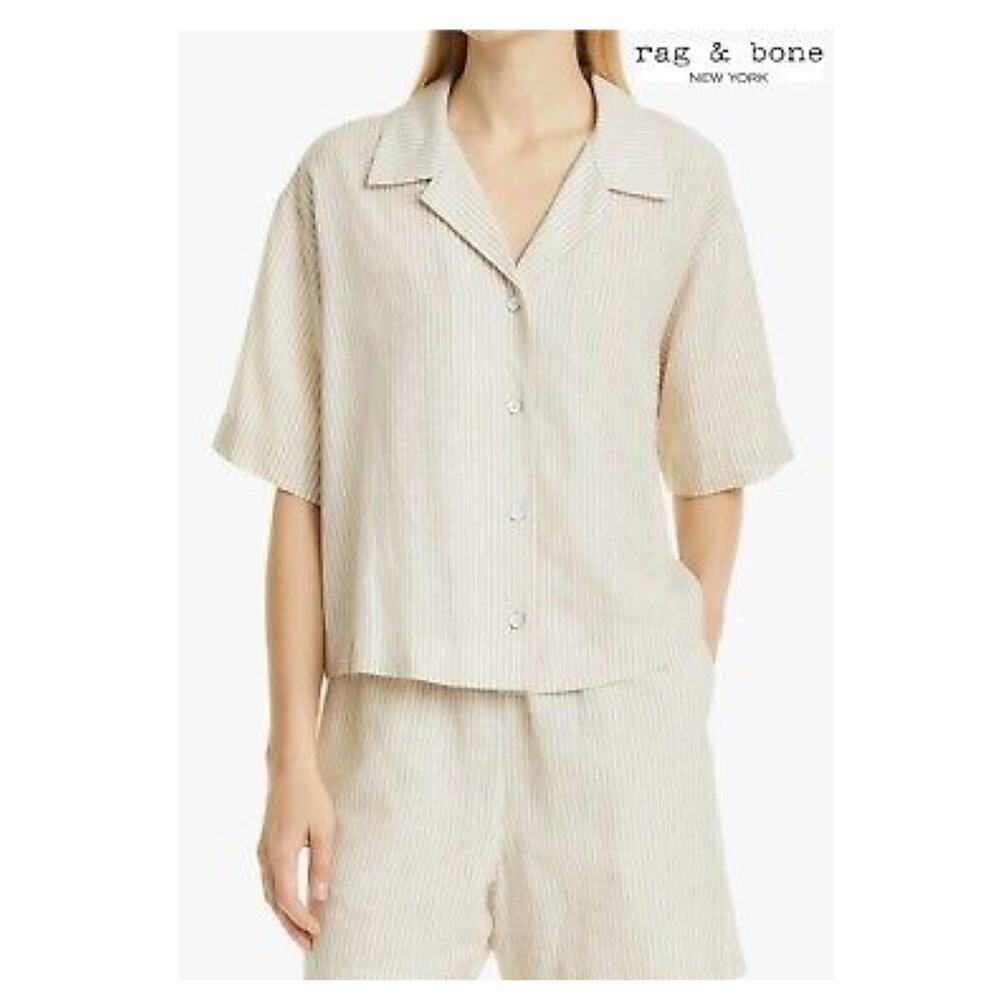 rag & bone Beige Striped Short-Sleeve Button Front Blouse